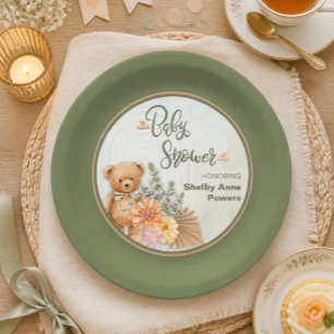 Gender Neutral Floral and Bear Baby Shower Paper Plate