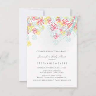 Gender Neutral Floral Shower Pink, Blue and Yellow Invitation