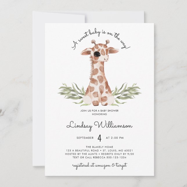 Gender Neutral Giraffe Baby Shower Invitation (Front)