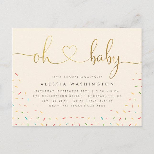Gender Neutral Gold Calligraphy Oh Baby Shower Invitation Postcard (Front)