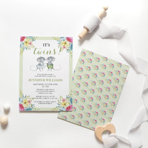 Gender Neutral Green Boy & Girl Twins Baby Shower Invitation