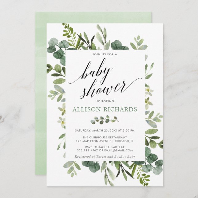 Gender neutral greenery baby shower invitation (Front/Back)