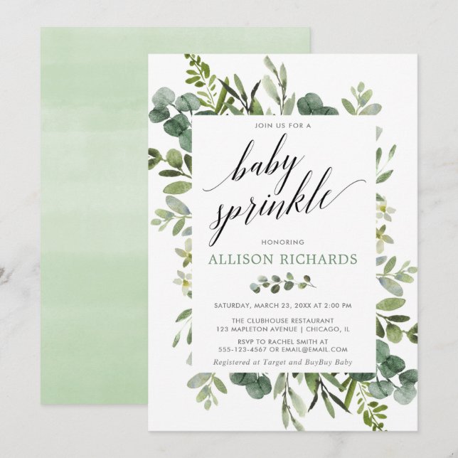 Gender neutral greenery baby sprinkle invitation (Front/Back)