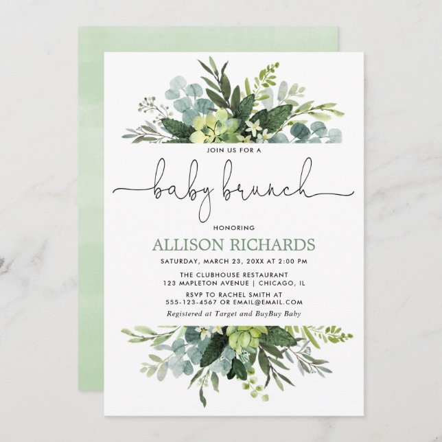 Gender neutral greenery foliage baby brunch invitation (Front/Back)