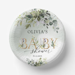 Gender neutral greenery gold letters Baby Shower Paper Plate