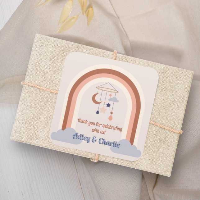 Gender Neutral Groovy Rainbow Couples Baby Shower Square Sticker (Creator Uploaded)