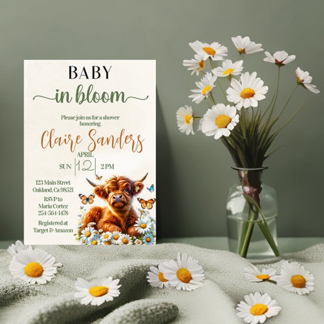 Gender Neutral Highland cow daisy baby shower Invitation (Creator Uploaded)