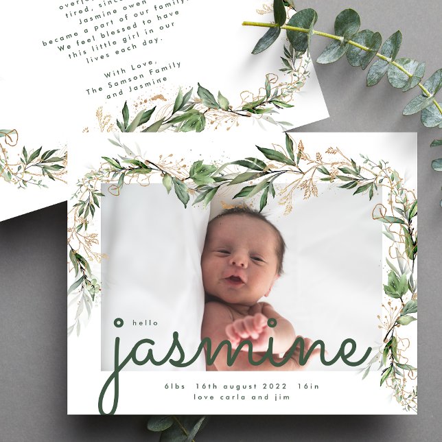 Gender Neutral Modern Boho Golden Eucalyptus Photo Announcement (Creator Uploaded)