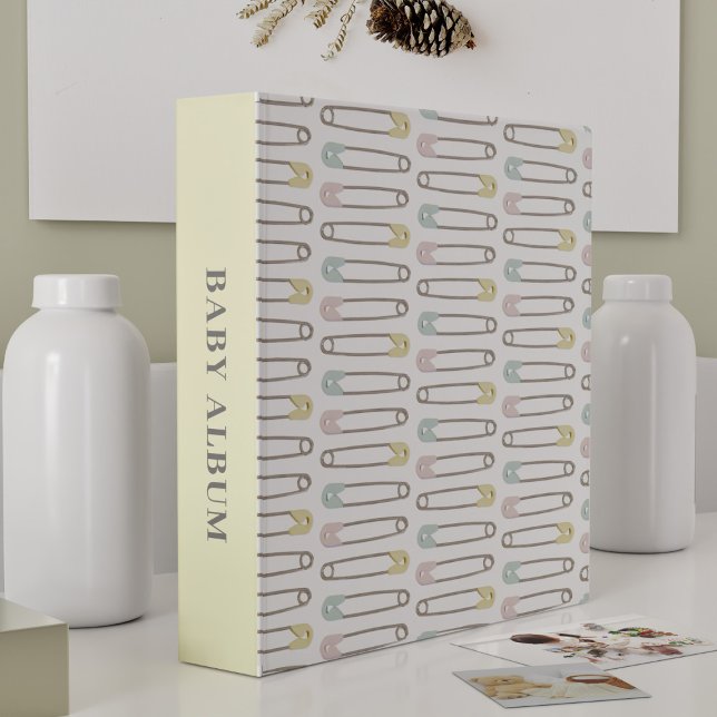 Gender Neutral Modern Yellow Baby Photo Album Binder (Add your baby photos to this cute lemon diaper pin patterned baby binder!)