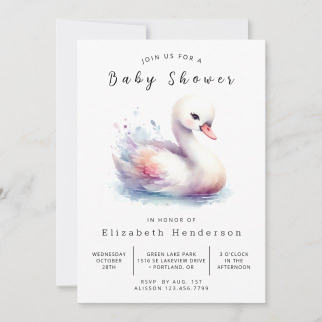 Gender Neutral Online Swan Baby Shower Invitation (Front)