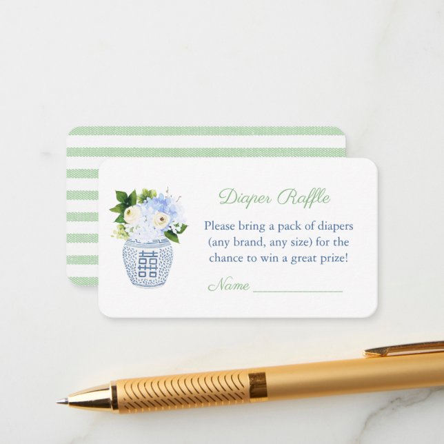 Gender Neutral Pale Green Ginger Jar Diaper Raffle Enclosure Card (Front/Back In Situ)
