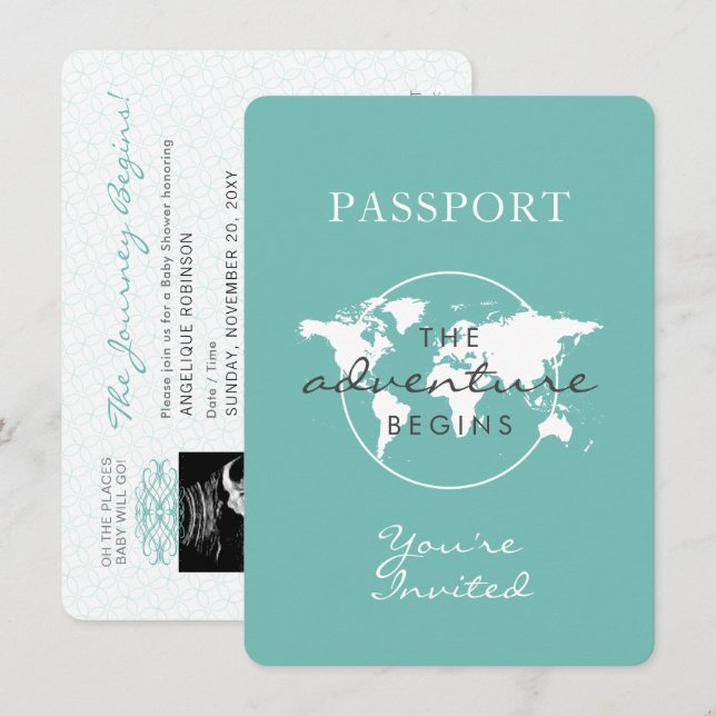 Gender Neutral Passport Travel Theme Teal Baby Invitation (Front/Back)