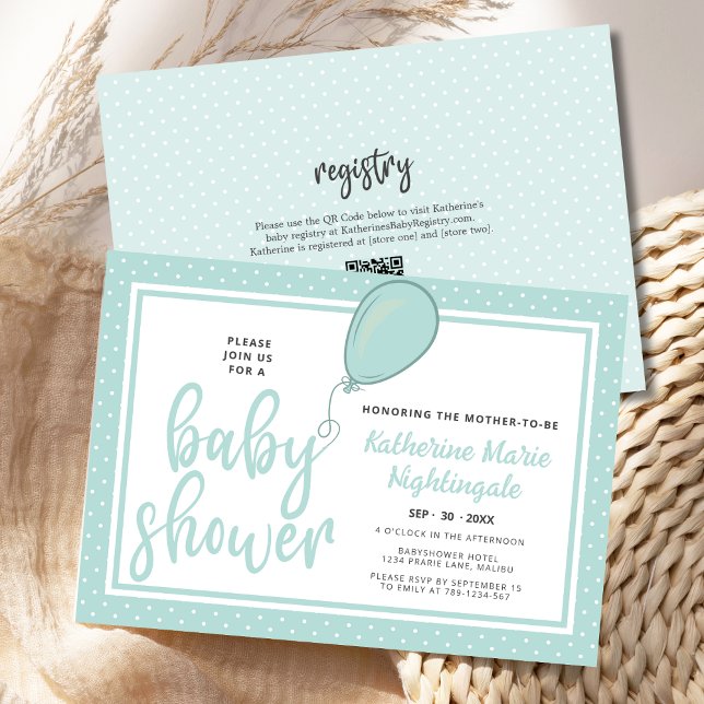 Gender Neutral Pastel Green Baby Shower QR Code Invitation (Baby Shower Gender Neutral BOHO Pastel Green Polka Dot Invitation with Balloon, Script Calligraphy.)