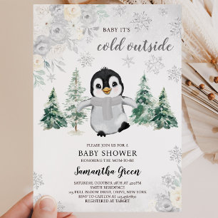 Gender Neutral Silver Penguin Baby Shower Invitation