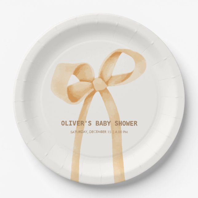 Gender Neutral Simple Bow Baby Shower  Paper Plate (Front)