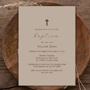 Gender Neutral Simple Script Boho Cross Baptism Invitation