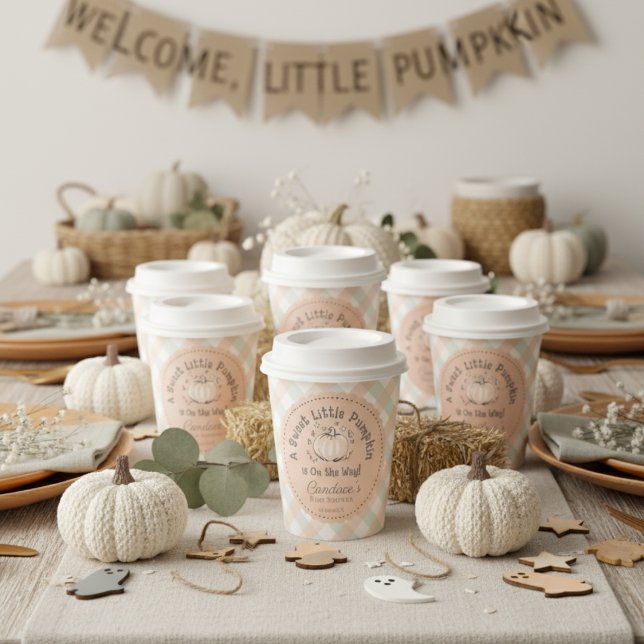Gender Neutral Sweet Little Pumpkin Baby Shower Paper Cups (Cute Fall Baby Shower Little Pumpkin Paper Cup. Gender Neutral Pastel Orange & Green Gingham Pattern)