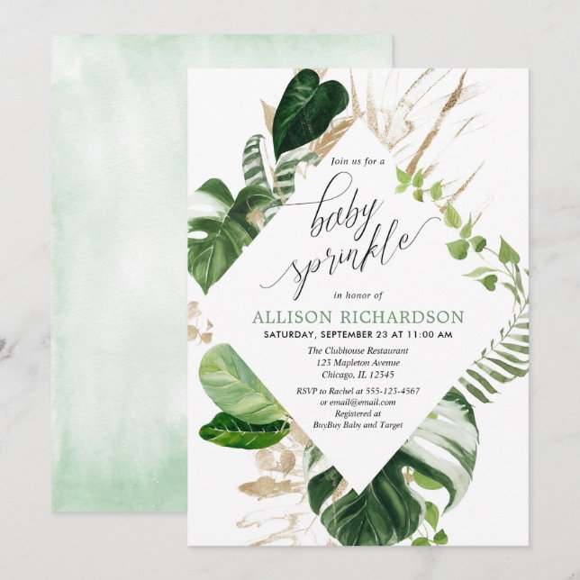 Gender neutral tropical green gold baby sprinkle invitation (Front/Back)