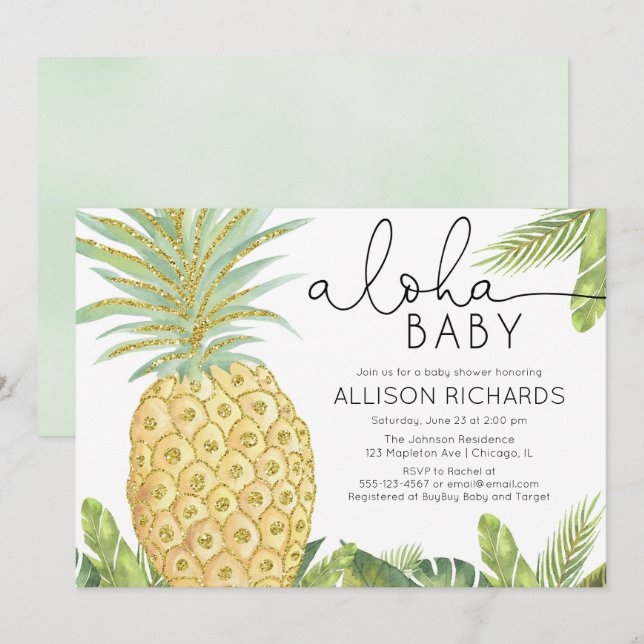 Gender neutral tropical pineapple baby shower invitation (Front/Back)