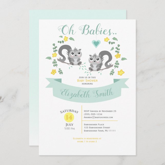 Gender neutral Twin Cute squirrels babyshower Invitation (Front/Back)