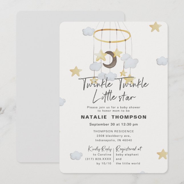 Gender Neutral Twinkle Little Star Baby Shower Invitation (Front/Back)