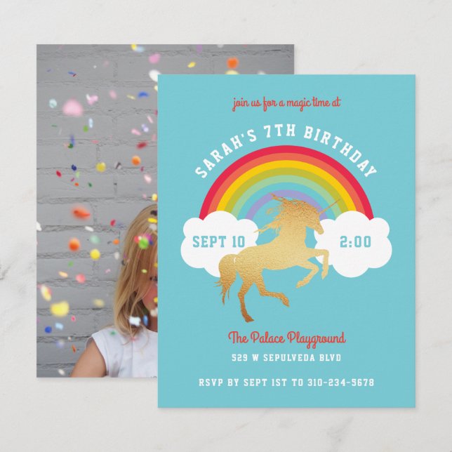 Gender Neutral Unicorn Rainbow Birthday Party Invitation (Front/Back)