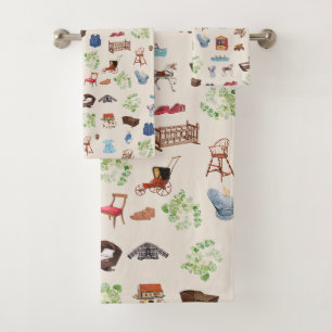 Gender Neutral Vintage Baby Nursery Toys Pattern Bath Towel Set