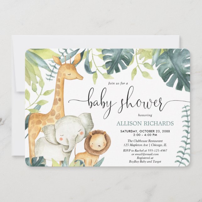 Gender neutral watercolor safari jungle animals invitation (Front)