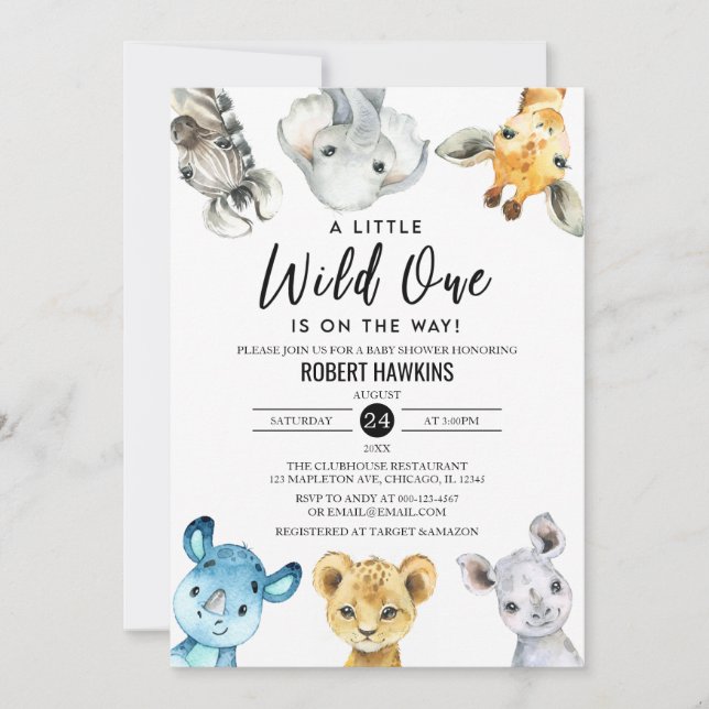 Gender Neutral Wild One Safari Animals Baby Shower Invitation (Front)