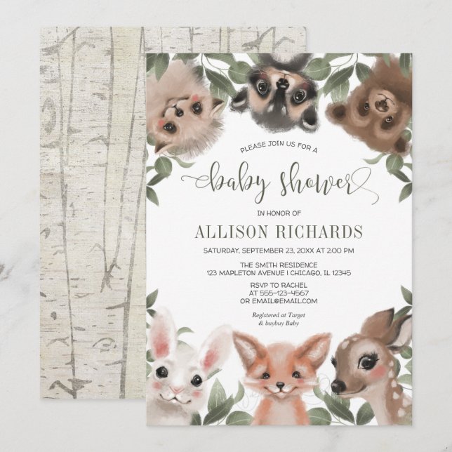 Gender neutral woodland animals forest baby shower invitation (Front/Back)