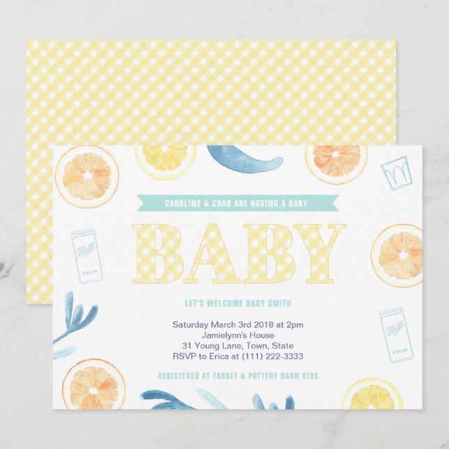 Gender Neutral Yellow Aqua Citrus Baby Shower Invitation (Front/Back)