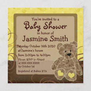 Gender neutral yellow brown teddy shower invites