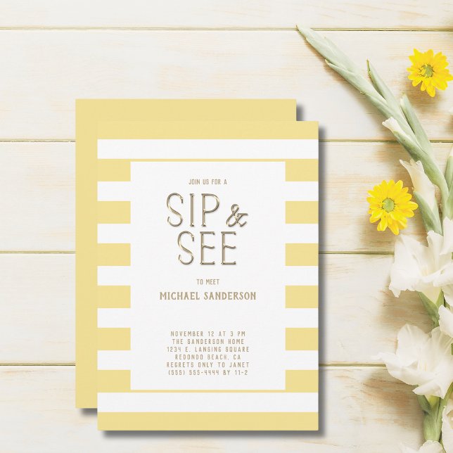 Gender Neutral Yellow White Striped  Sip and See  Invitation (Creator Uploaded)