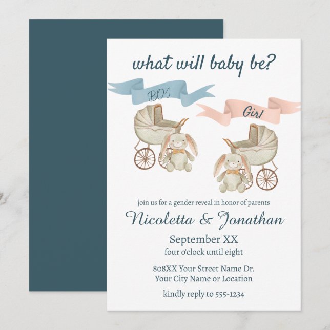 Gender Reveal Baby Bunny Pink or Blue Invitation (Front/Back)