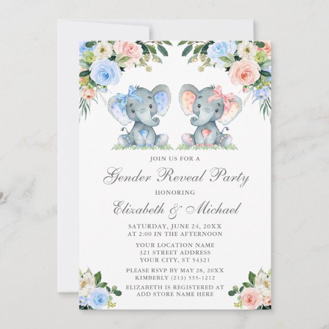 Gender Reveal Baby Elephants Pink Blue Floral Invitation (Front)