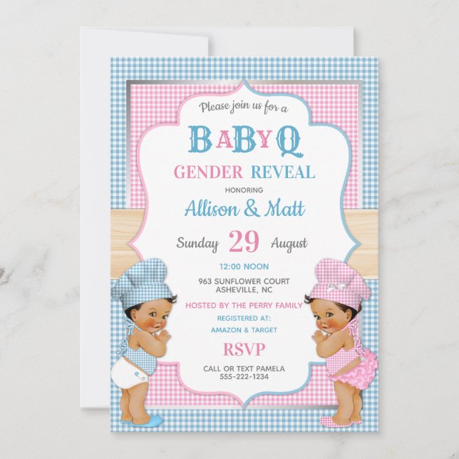 Gender Reveal Baby Q BBQ Pink Blue Gingham Invitation (Front)