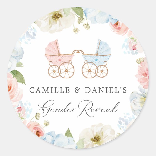 Gender Reveal Baby Shower Blue and Pink Floral Classic Round Sticker (Front)