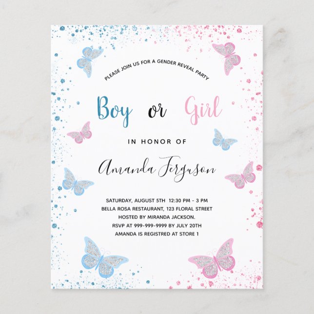 Gender reveal baby shower butterflies budget flyer (Front)