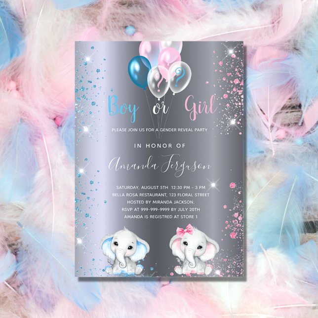 Gender reveal baby shower elephant silver glitter invitation (Creator Uploaded)