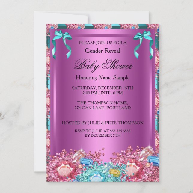 Gender Reveal Baby Shower Pink Teal Blue Crystals Invitation (Front)