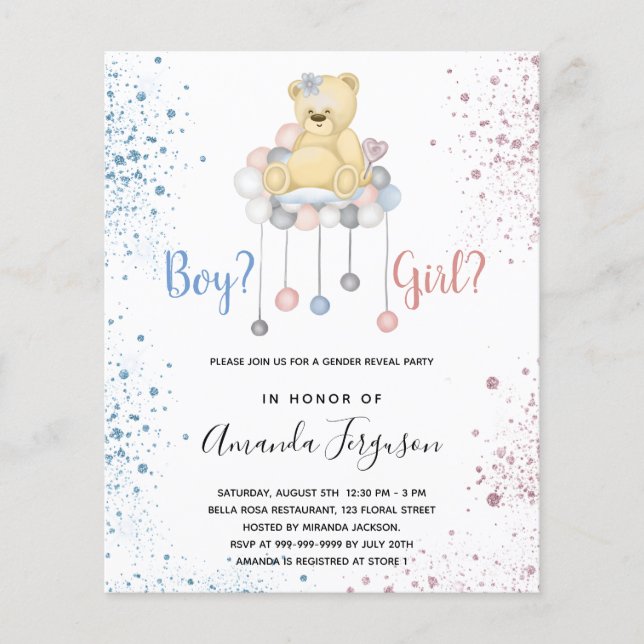 Gender reveal baby shower teddy bear blue pink  (Front)