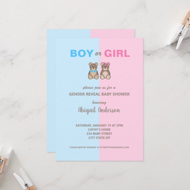 Gender Reveal Baby Shower Teddy Bears Invitation (Front/Back In Situ)