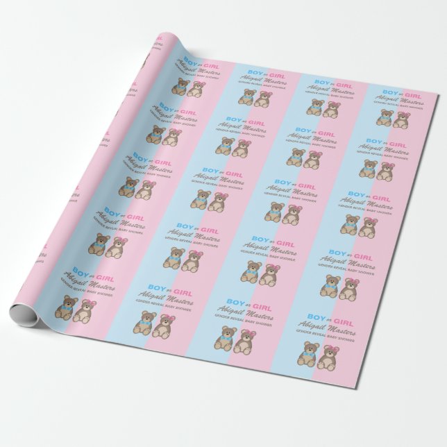 Gender Reveal Baby Shower Teddy Bears Wrapping Paper (Unrolled)