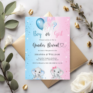 Gender reveal blue pink boy girl elephants invitation
