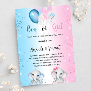 Gender reveal blue pink boy girl elephants invitation postcard