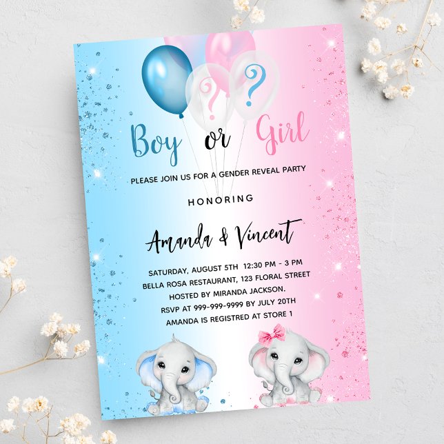 Gender reveal blue pink boy girl elephants invitation postcard (Creator Uploaded)