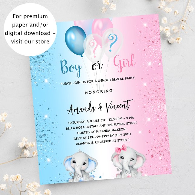 Gender reveal blue pink elephant budget invitation (Creator Uploaded)