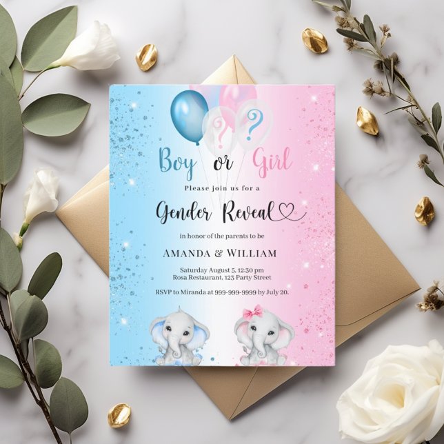 Gender reveal blue pink elephants invitation (Creator Uploaded)