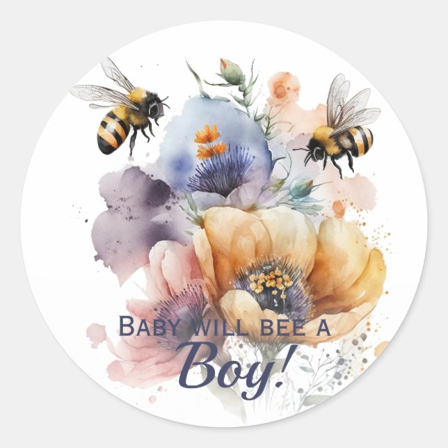 Gender Reveal Boy Baby Will Bee Classic Round Sticker (Front)