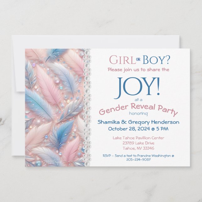 Gender Reveal Elegant Pink & Blue Feathers Invitation (Front)